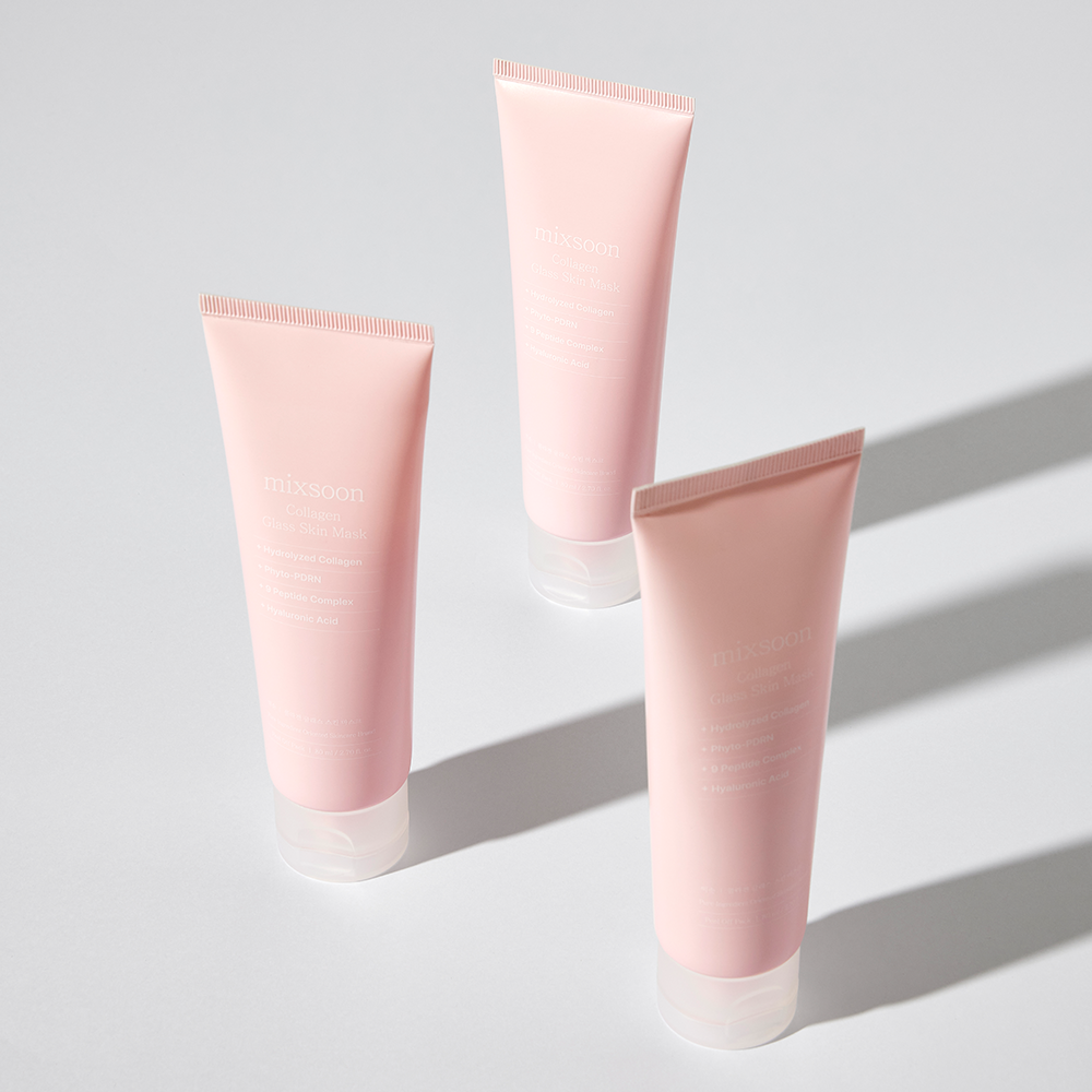 Three pink mixsoon Collagen Glass Skin Mask tubes arranged in a triangular composition on a light gray background with soft shadows.