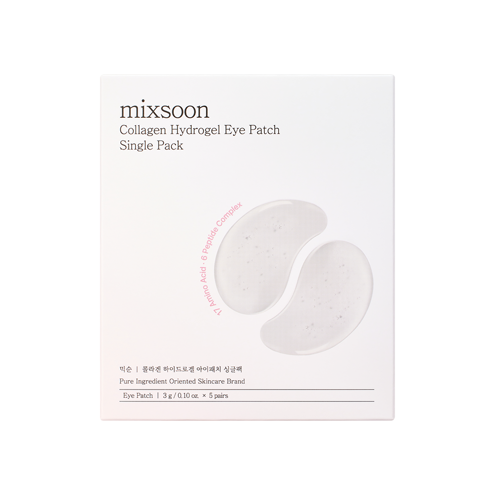 A white rectangular box of mixsoon Collagen Hydrogel Eye Patch Single Pack, featuring a graphic of two translucent crescent-shaped eye patches, on a plain white background.