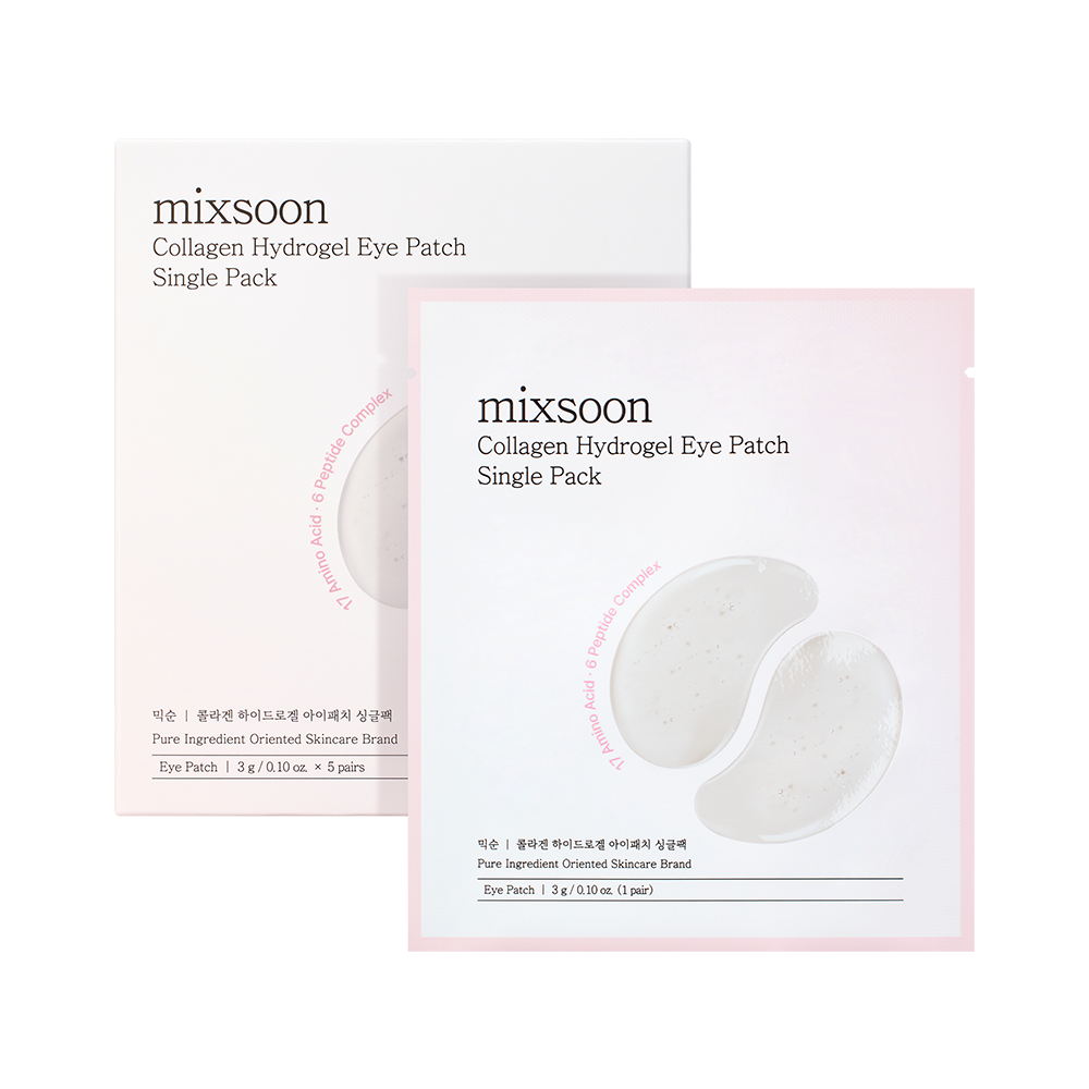 Individual and box for mixsoon Collagen Hydrogel Eye Patch Single Pack displayed on a white background