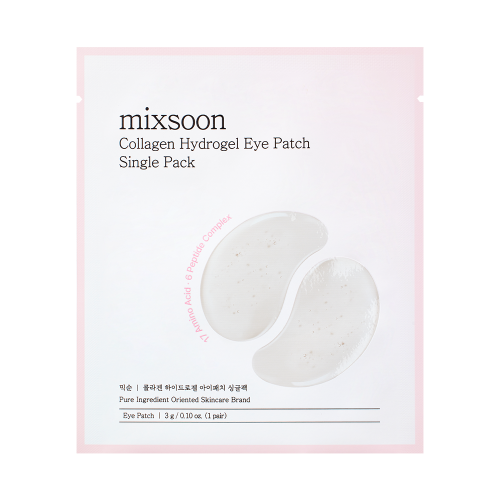 A single pack of Mixsoon Collagen Hydrogel Eye Patch on a white background with a light pink border. The packaging features an illustration of two translucent, crescent-shaped eye patches.