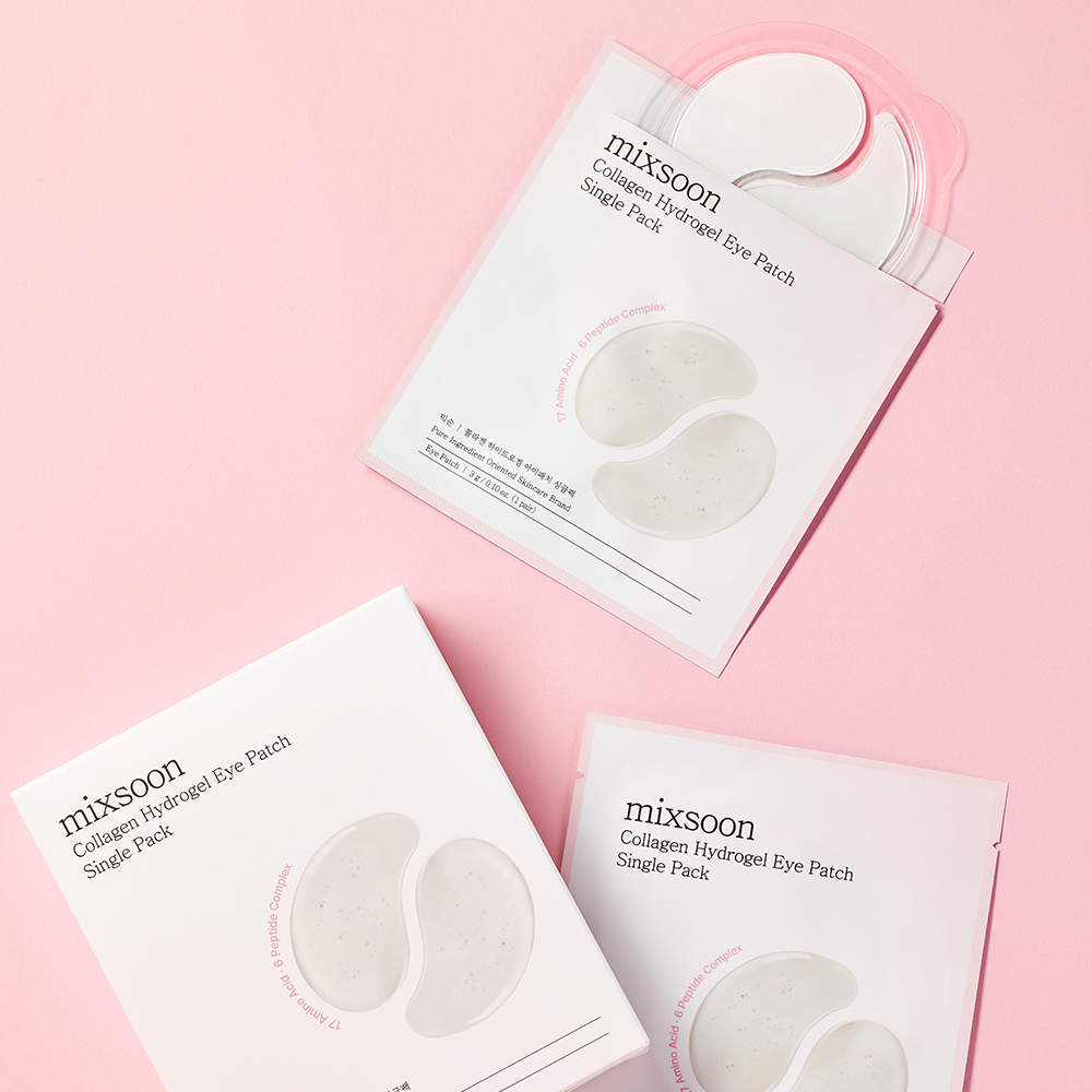 mixsoon Collagen Hydrogel Eye Patch Packaging individual patch on a light pink background