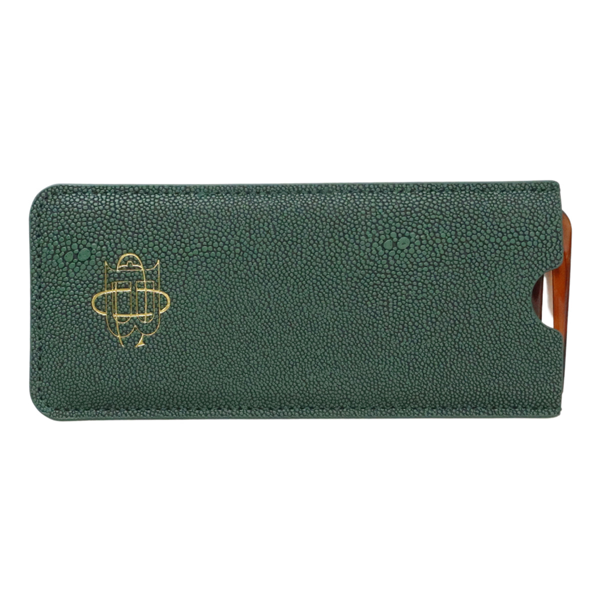 A dark green textured leather sleeve with a gold metallic logo emblem on the front, displayed against a solid white background.