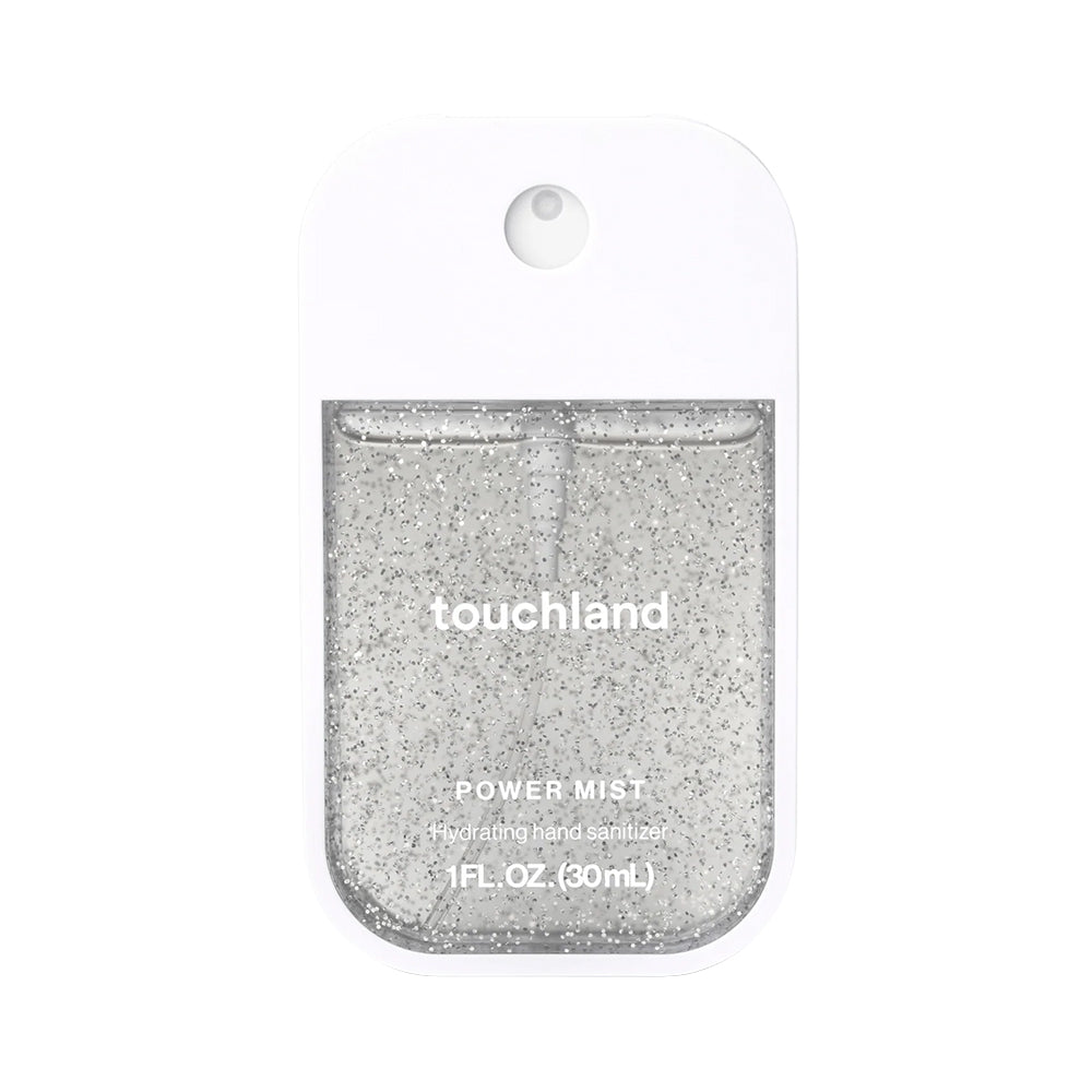 Touchland Power Mist Hydrating Hand Sanitizer - Confetti Cake featuring a clear window showing a sparkling silver hand gel inside, with a white card backing on a white background.