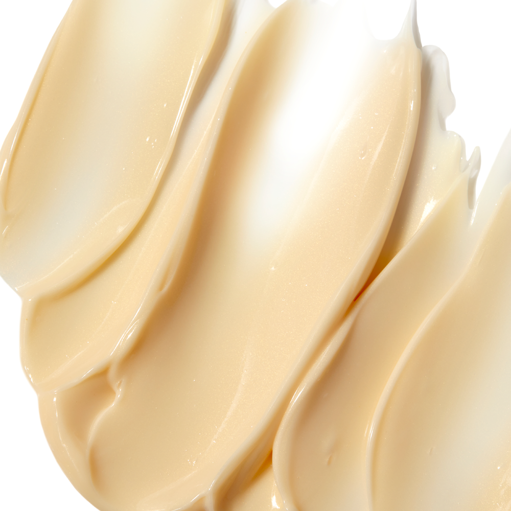 A close-up texture shot of Radford Eye -the Bright Cream swirled in smooth diagonal strokes, showing a warm light beige color with glossy highlights.