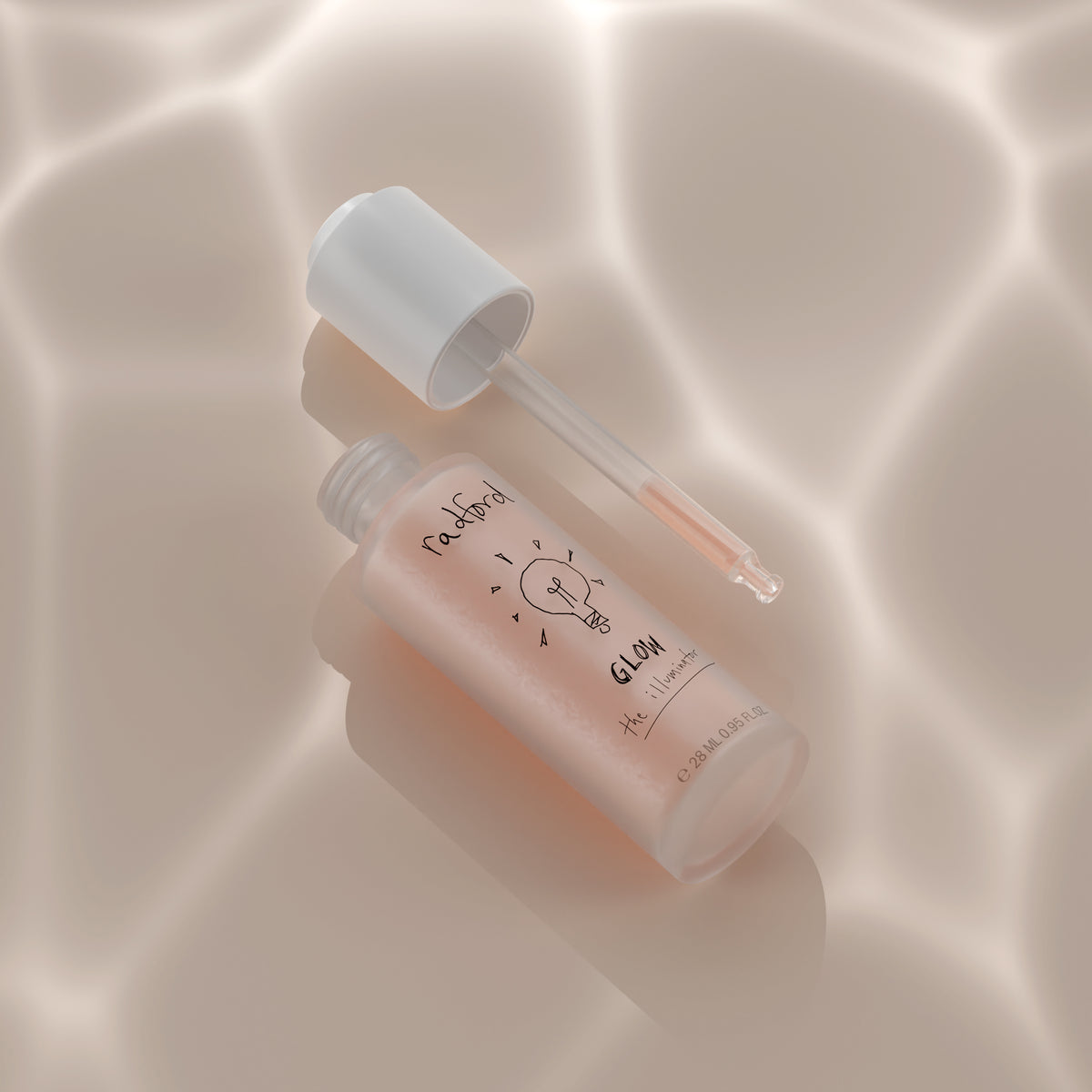 Radford Glow the Illuminator bottle with dropper on a soft beige background with aquatic lighting
