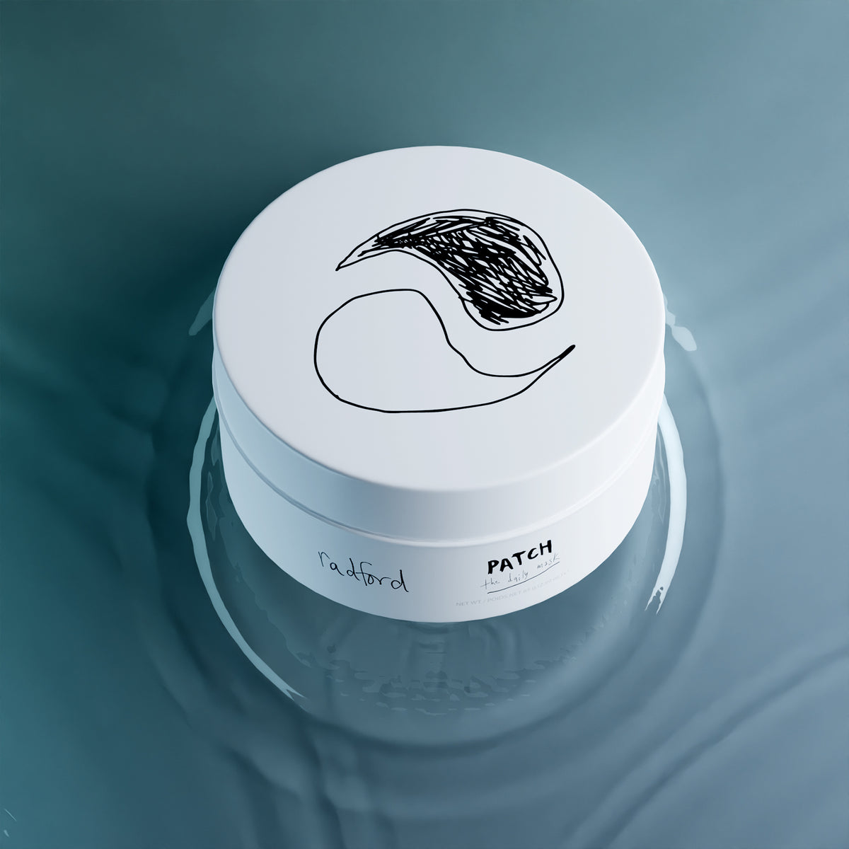 Container of Radford Patch - the daily mask resting on a reflective teal-blue surface.