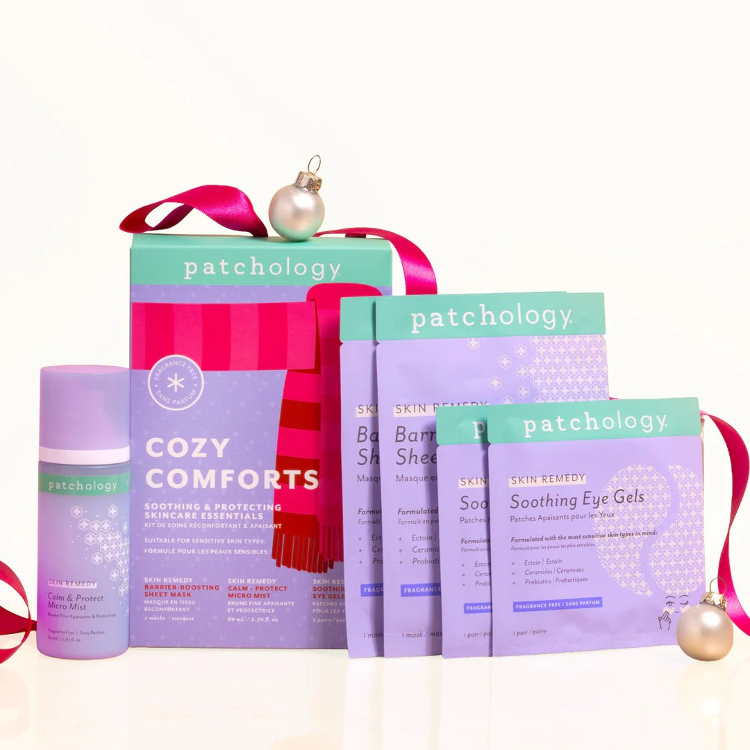 Patchology skincare products including a box labeled 'Cozy Comforts' on a white background.