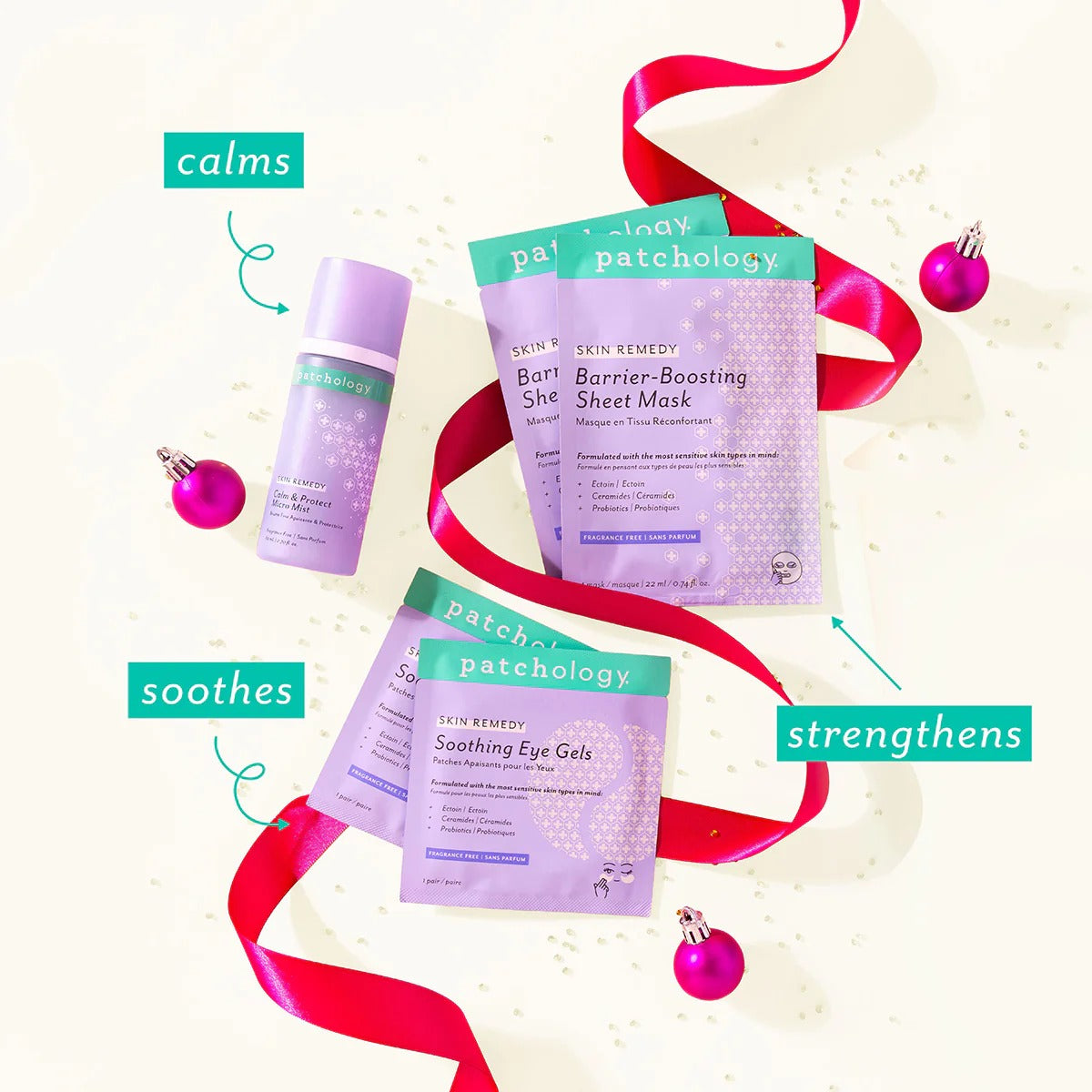 Patchology skincare products with decorative ribbons and ornaments on a light background