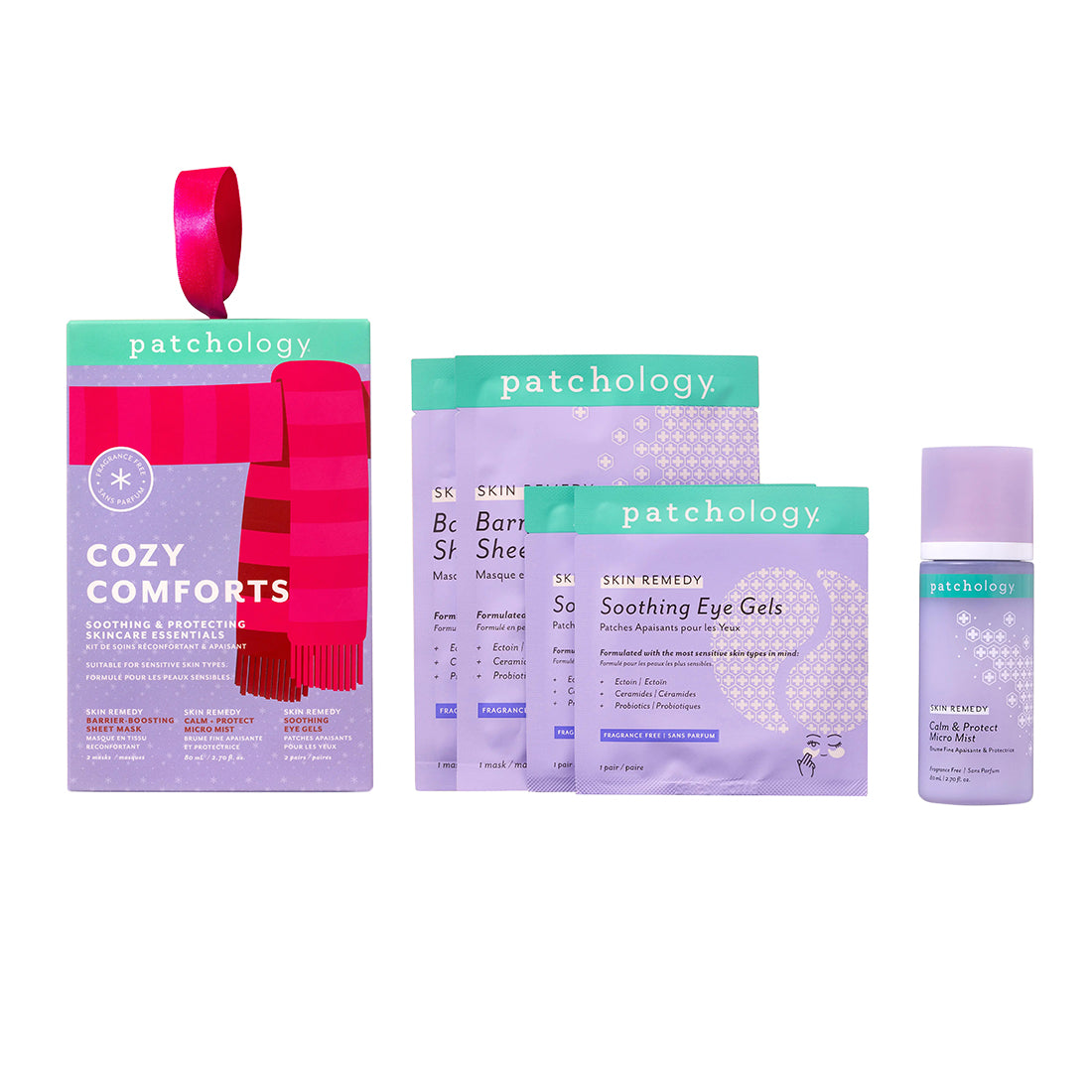 Patchology skincare products including eye gels and a mask on a white background