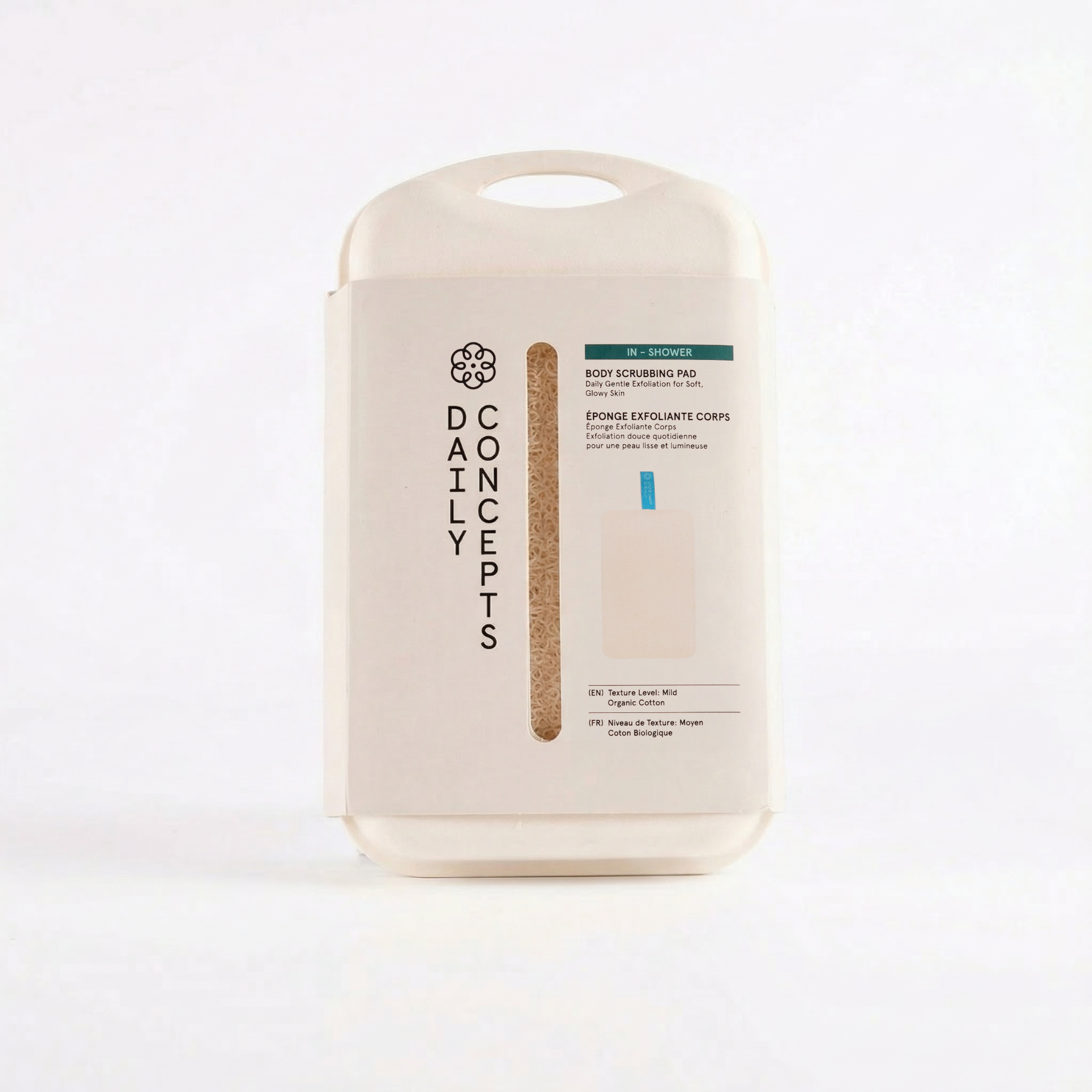 Beige body scrubbing pad with 'DAILYCONCEPTS' branding on a white background