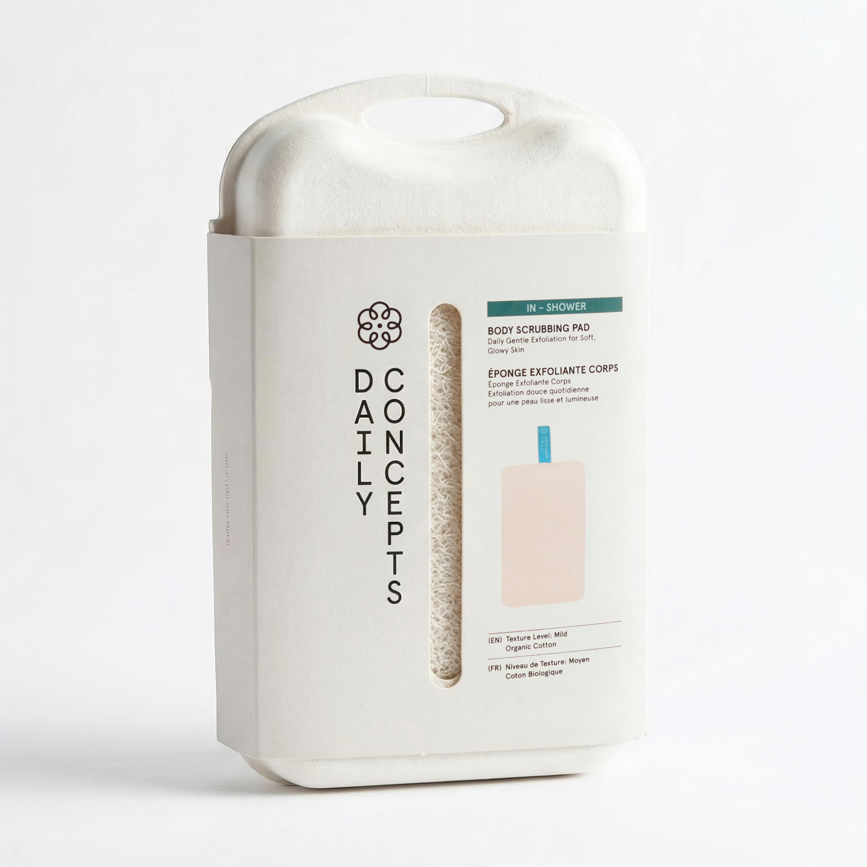 Product packaging for 'Daily Concepts' body scrubbing pad on a white background