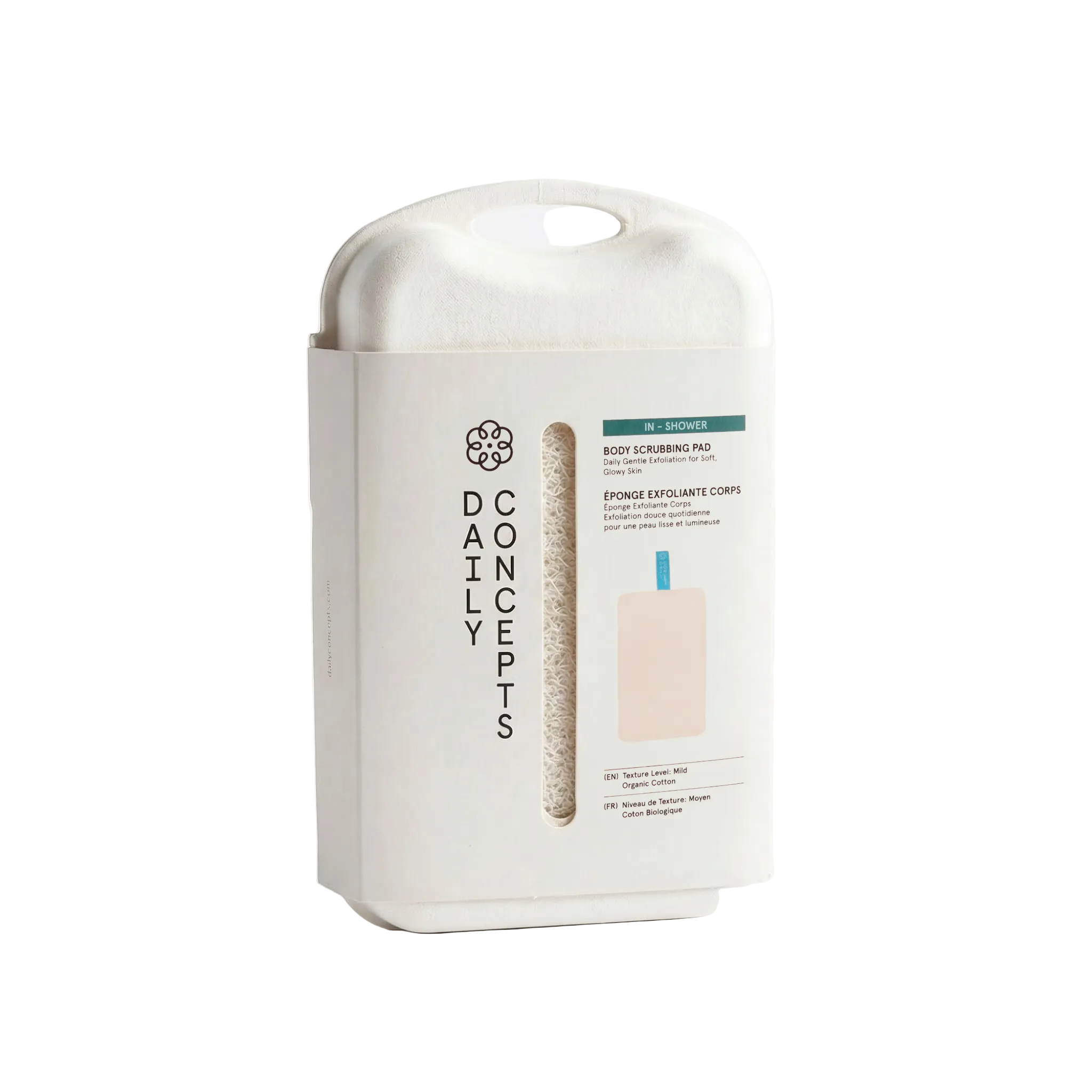 Product packaging for 'Daily Concepts' body scrubbing pad on a white background