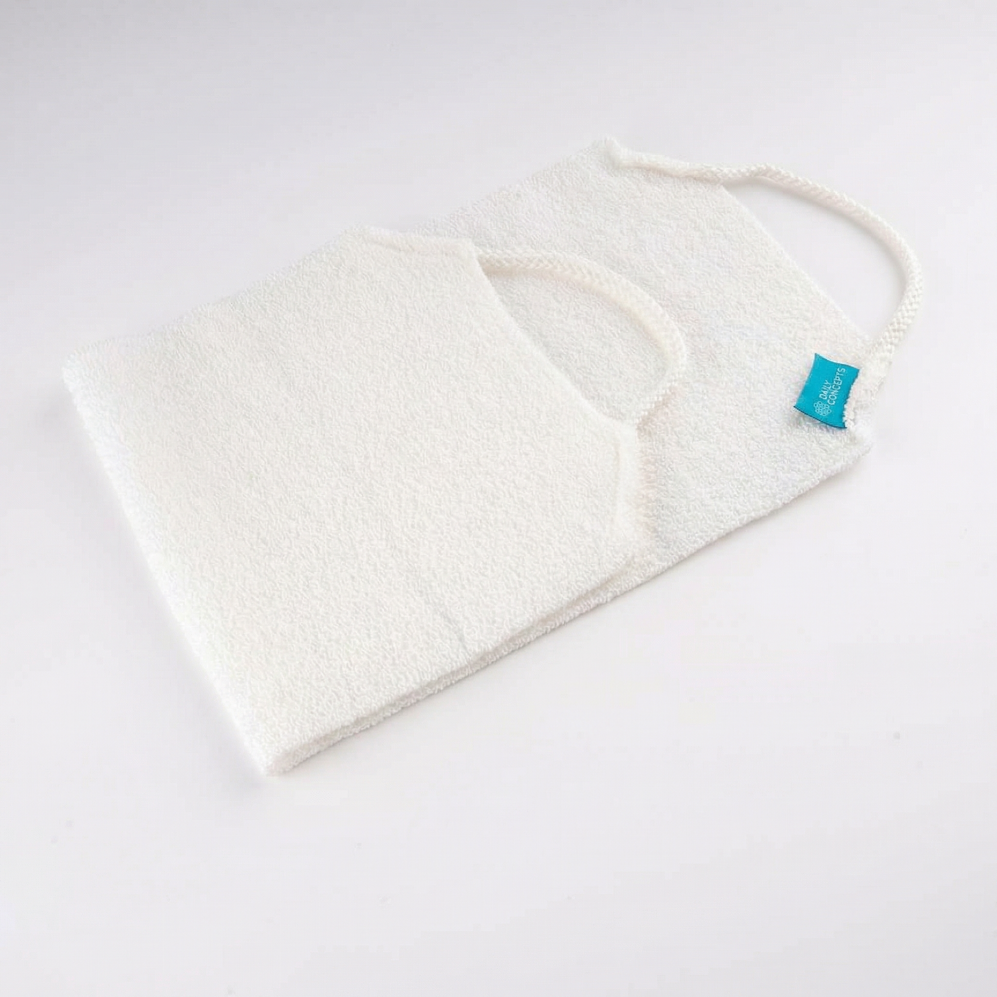 White cloth with a blue tag on a white background