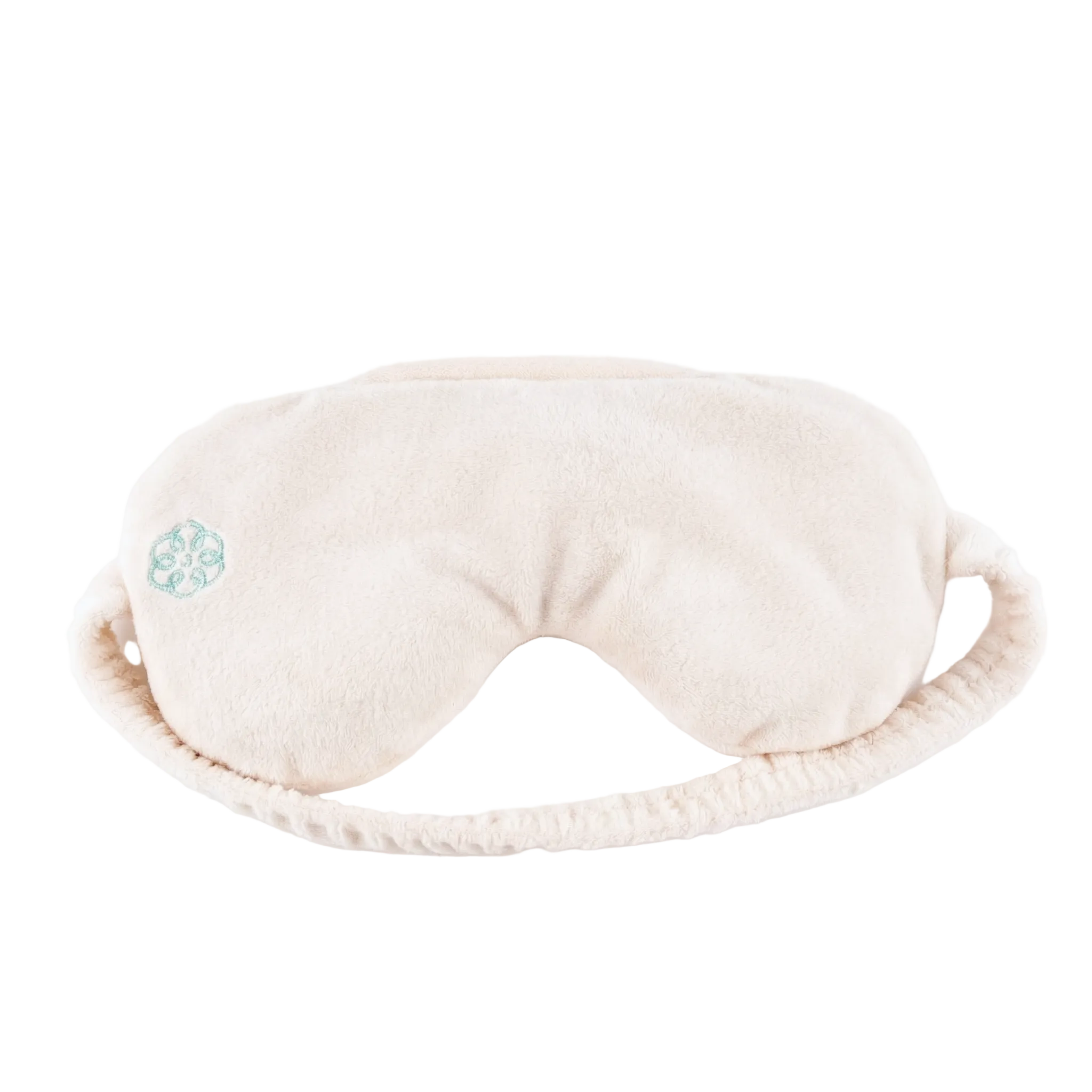 Cream-colored eye mask with a logo on a white background