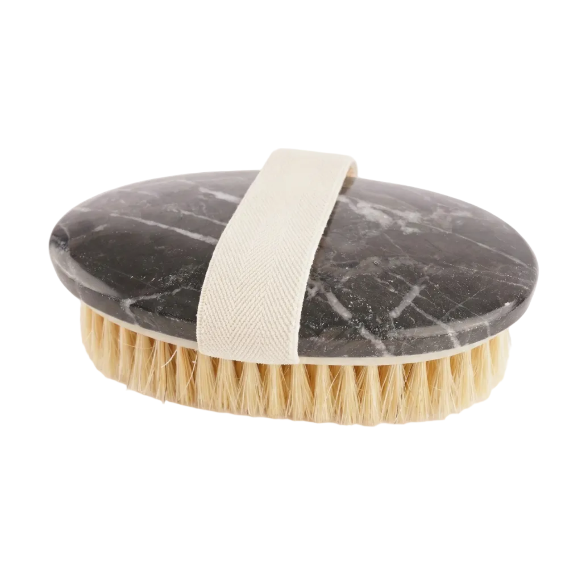 Body brush with marble-like handle on a white background