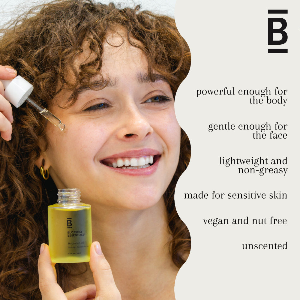 Woman applying a skincare product to her face with text about product benefits.