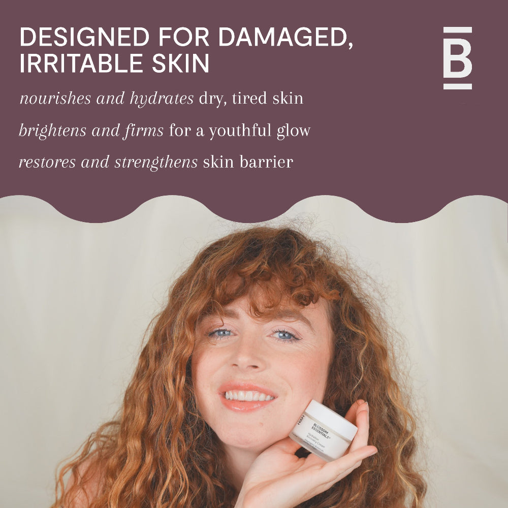 Woman holding a skincare product with text about skin care benefits on a purple background