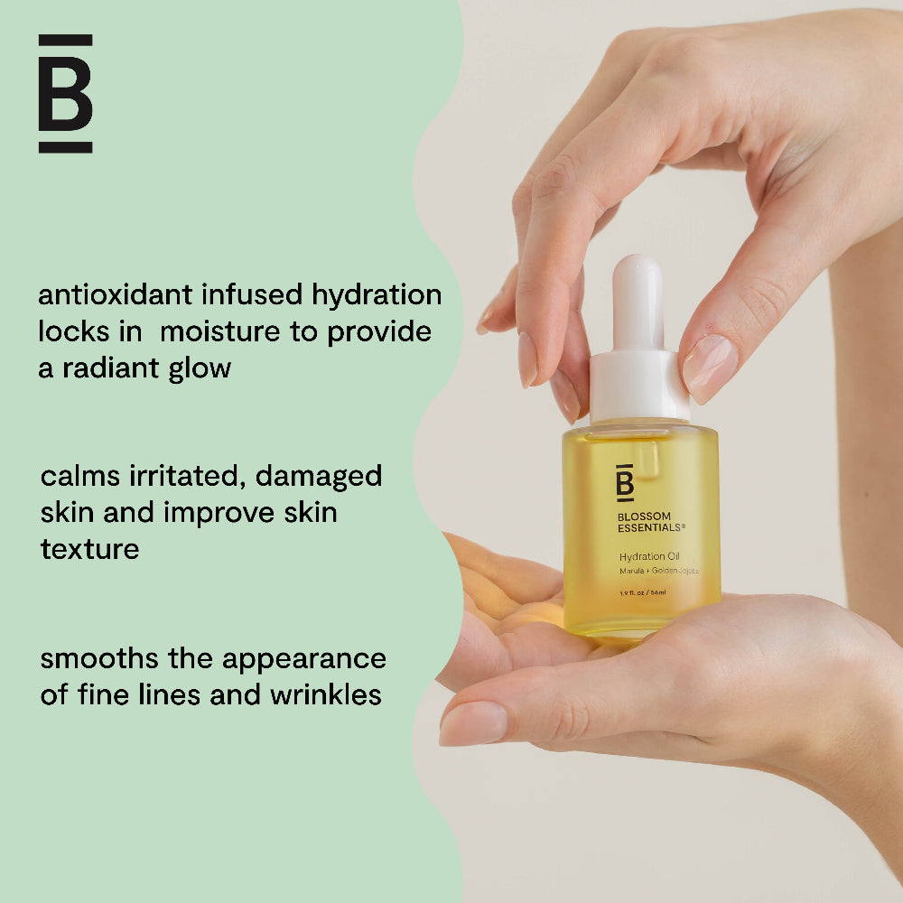 Hand holding a skincare dropper bottle with text about product benefits on a light green background