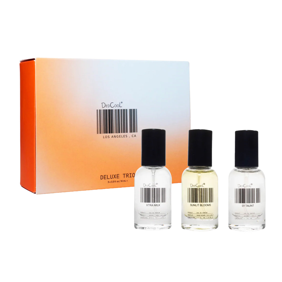 Three perfume bottles with black caps and a box labeled 'Deluxe Trio' on a white background.