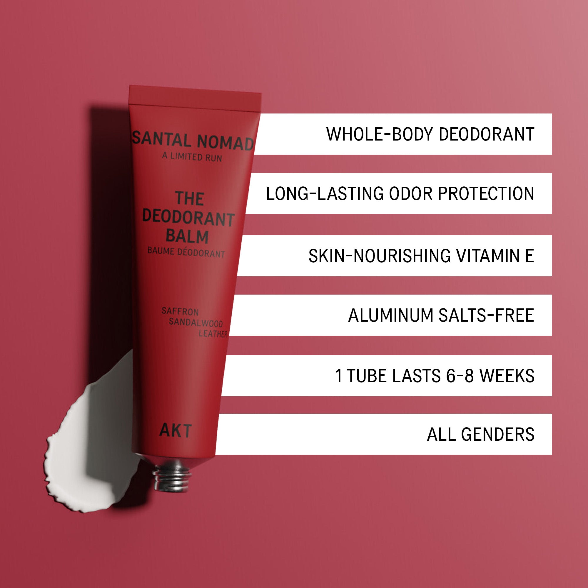 A red tube of Santal Nomad The Deodorant Balm stands on a torn white paper edge against a dusty rose background, with white text bars listing product claims such as whole-body deodorant and long-lasting odour protection.