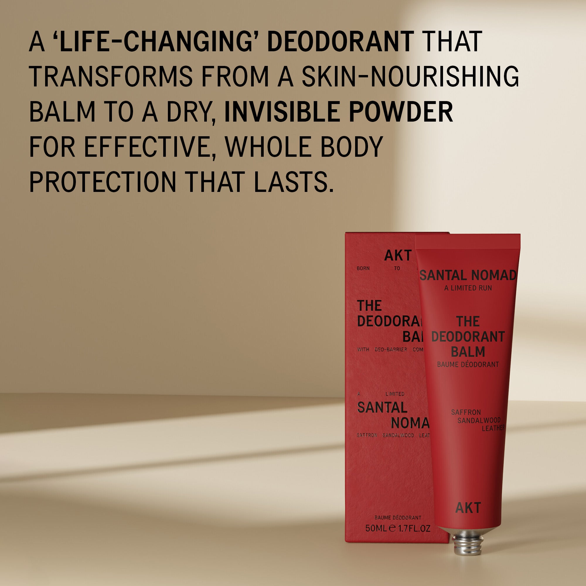 A red tube of ACT The Deodorant Balm next to its matching red box, with a large text overlay describing the product's transformative skin-nourishing and powder-form properties on a beige background.