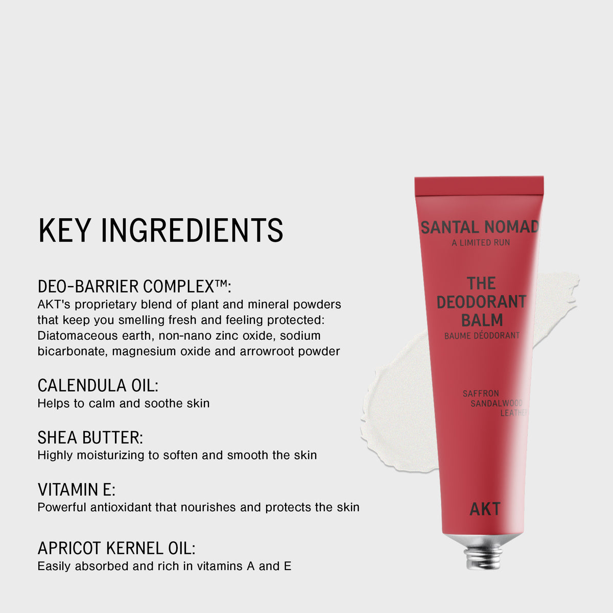 A red tube of The Deodorant Balm - Santal Nomad - Limited Edition is shown on a light gray background with text detailing key ingredients like deo-barrier complex, calendula oil, shea butter, vitamin E, and apricot kernel oil.