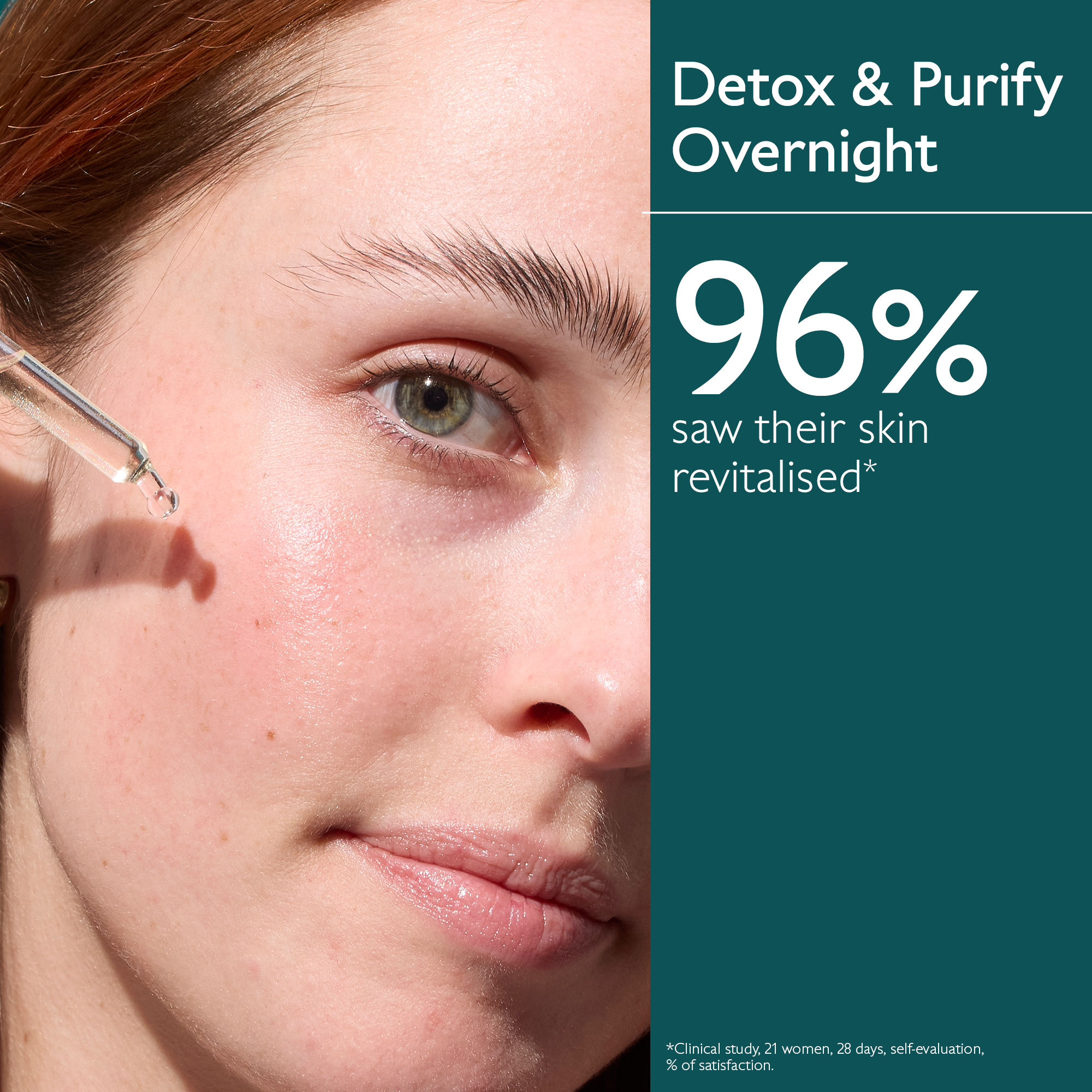 Close-up of a woman's face with a skincare product, text indicating skin revitalization results.