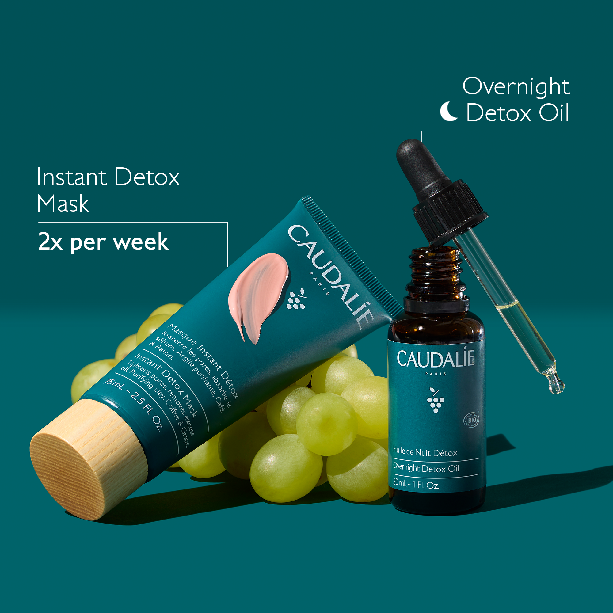 Caudálé skincare products including a mask and oil on a green background with grapes.