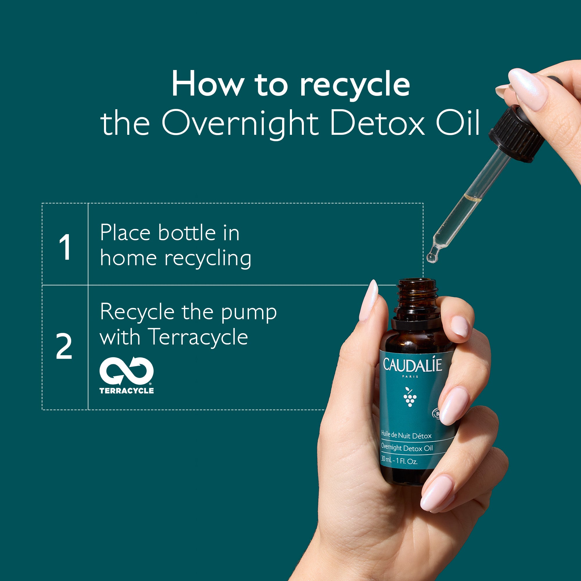 Caudalie Overnight Detox Oil bottle with dropper and recycling instructions on a teal background