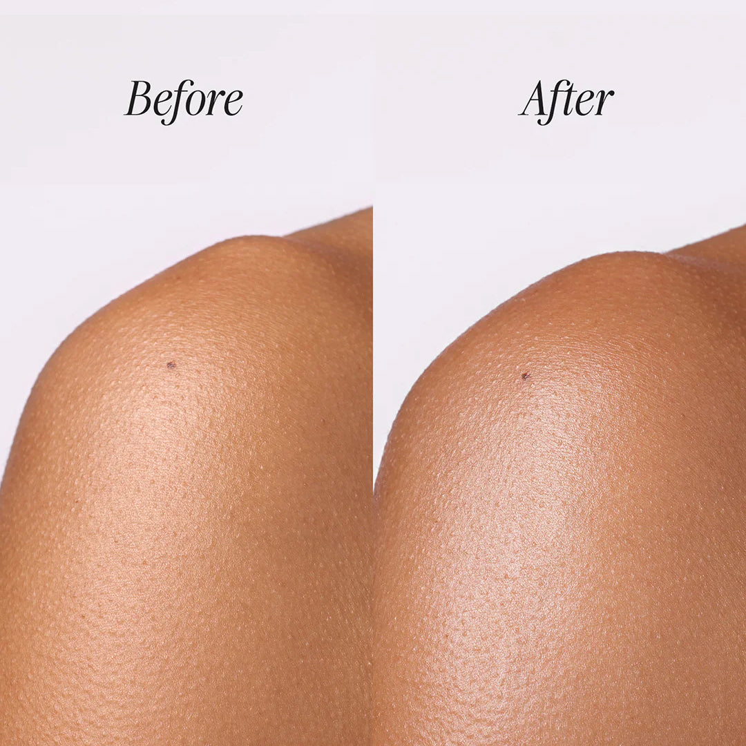 Before & after comparison of skin with and without COOLA Dew Good Illuminating Body Melt product applied