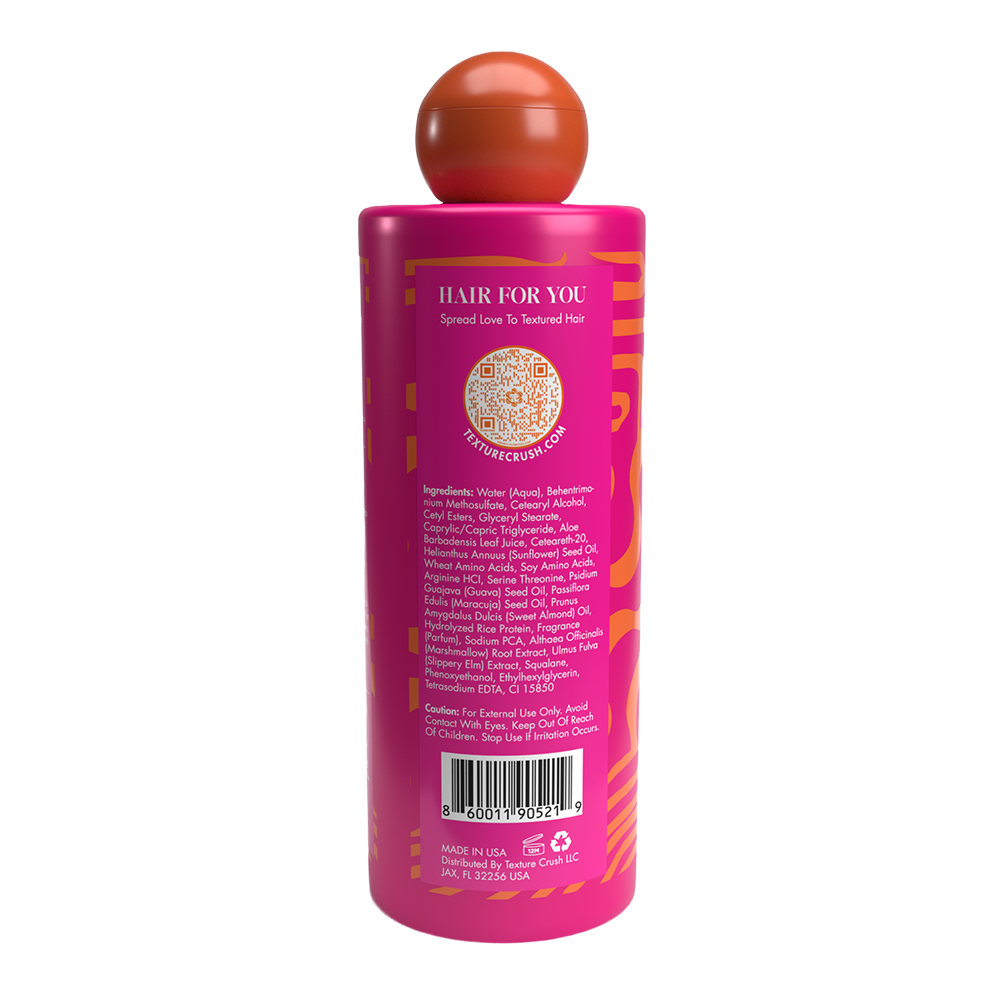 Ingredient label on Texture Crush bottle with a brown cap on a white background