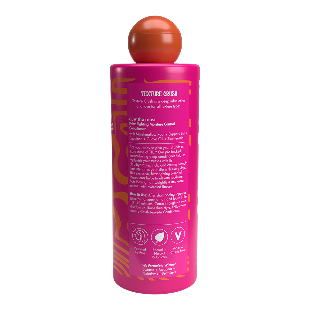 Back of Texture Crush bottle with brown cap on a white background