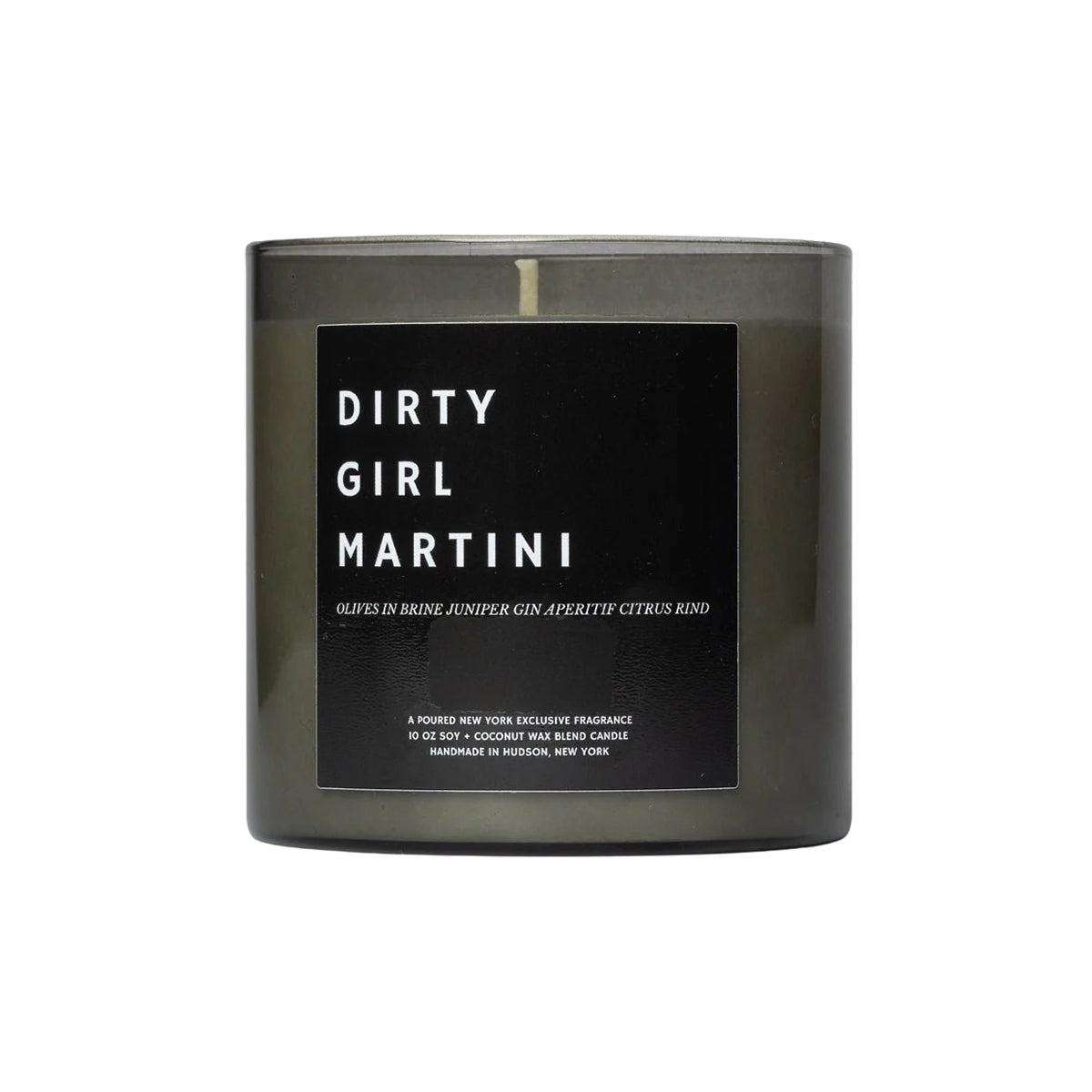 Candle with 'Dirty Girl Martini' label on a white background
