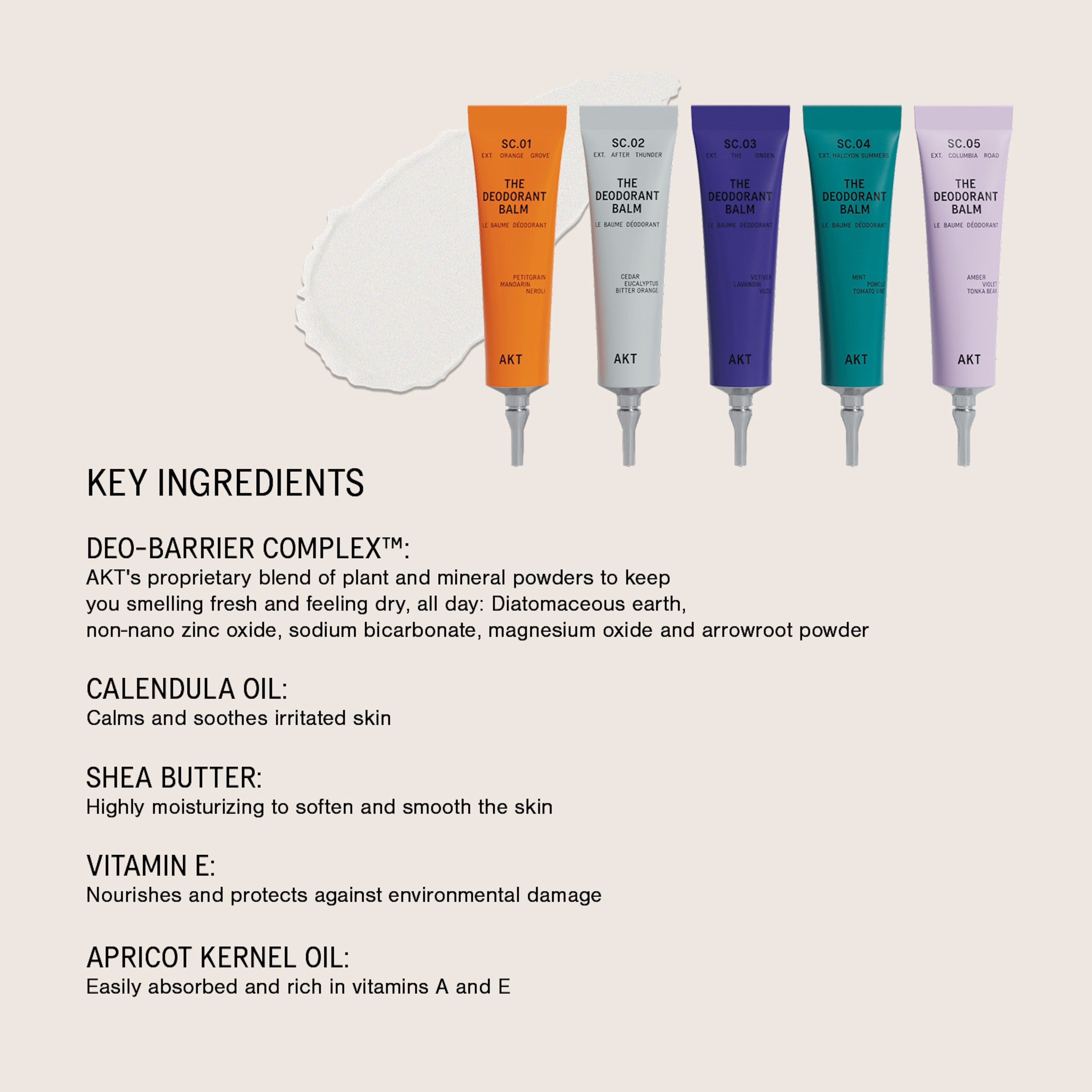 Five tubes of AKT 'The Deodorant Balm'  are displayed on a beige background with a white smear graphic and text detailing the key ingredients.