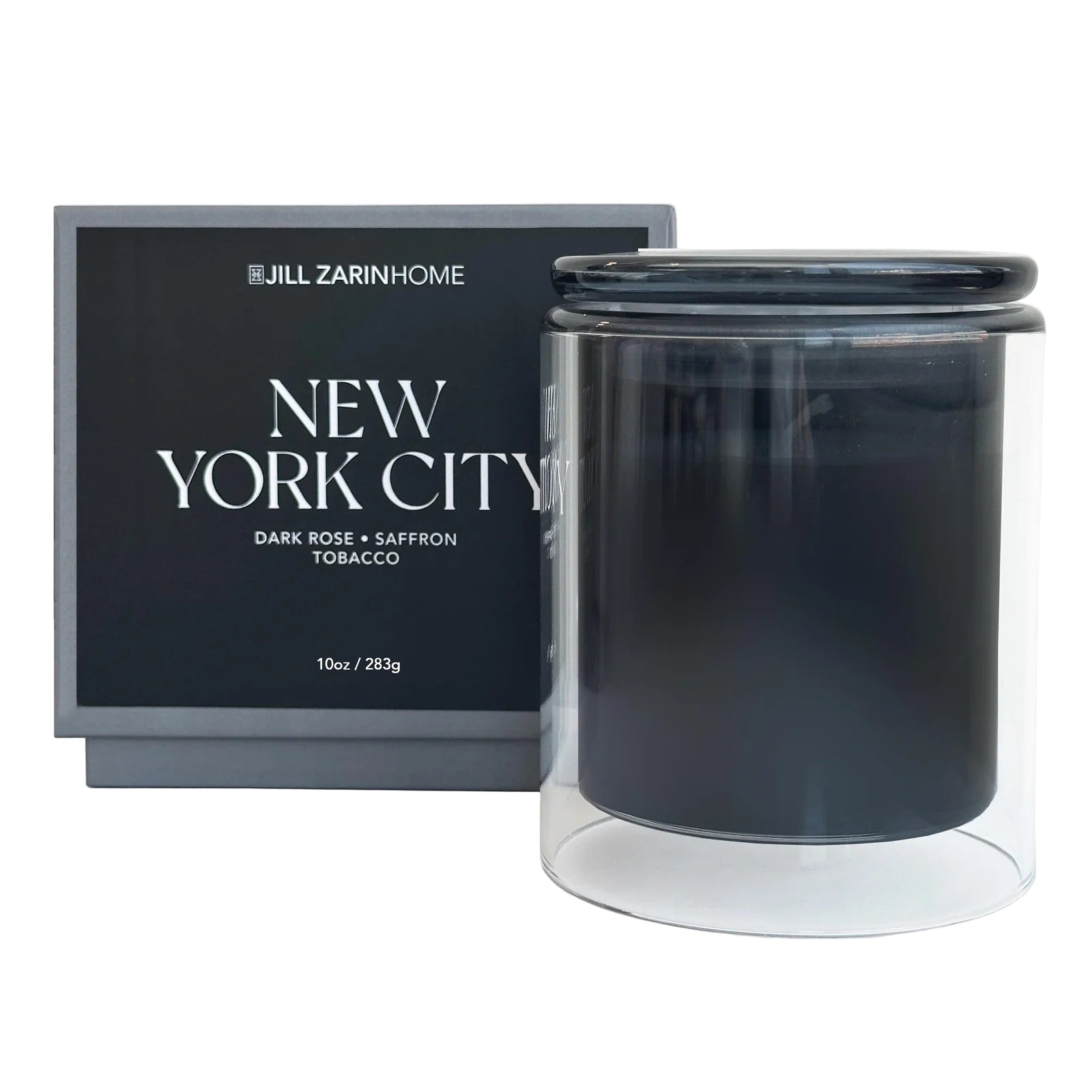 Black candle with packaging labeled 'New York City' by Jill Zarin Home on a white background