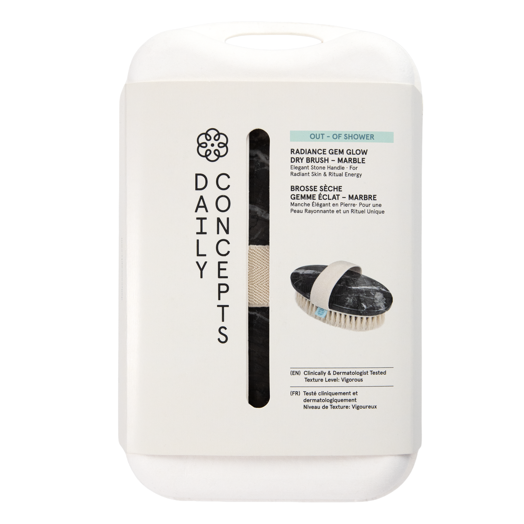 White packaging of Daily Concepts with a brush on a white background
