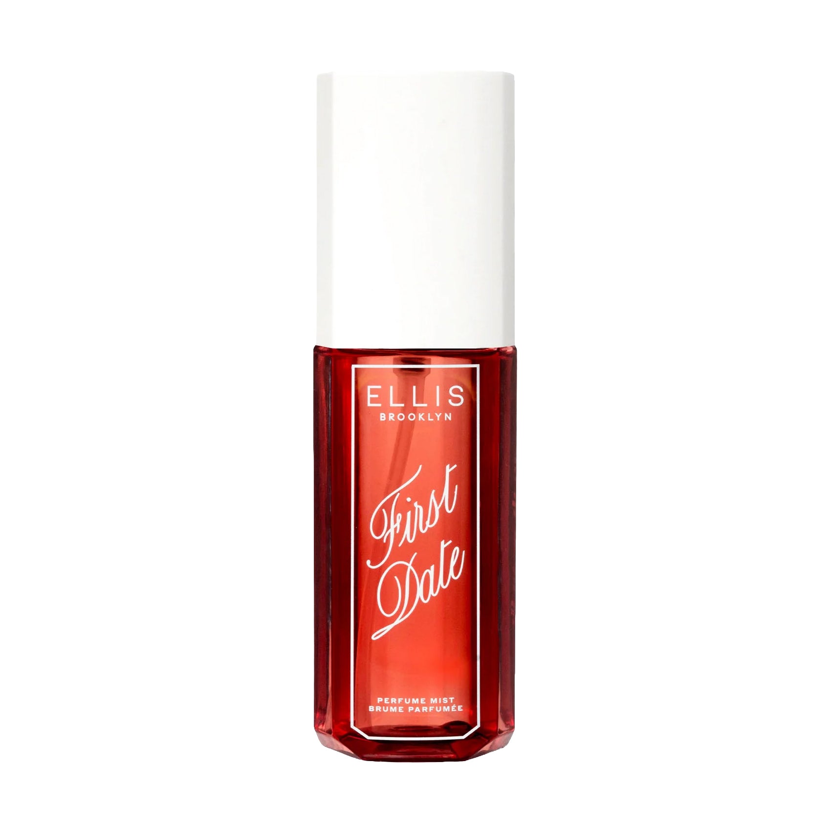 Red perfume mist bottle labeled 'First Date' by Ellis Brooklyn on a white background