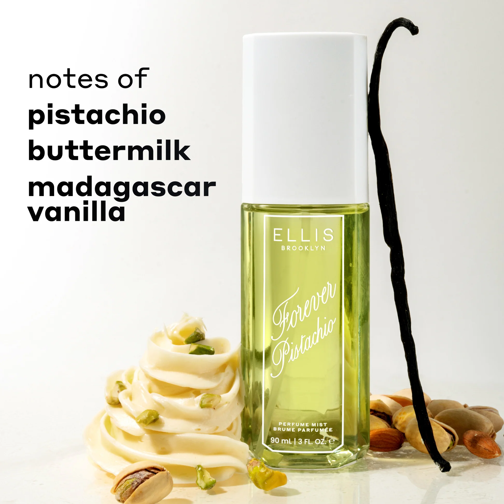 Bottle of Ellis Brooklyn Forever Pistachio perfume with vanilla and pistachio elements on a white background