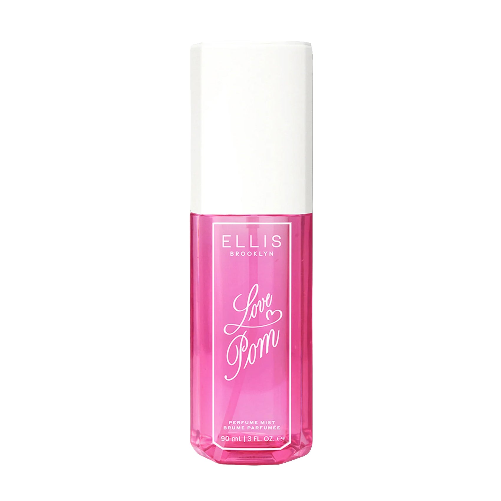 Pink bottle of Ellis Brooklyn perfume mist on a white background