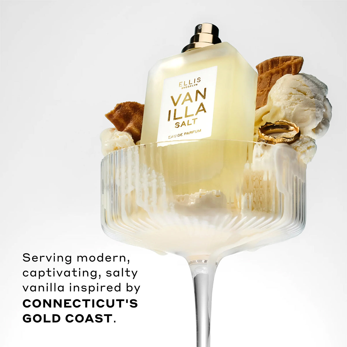 Vanilla Salt perfume bottle with ice cream and waffle cone in a glass