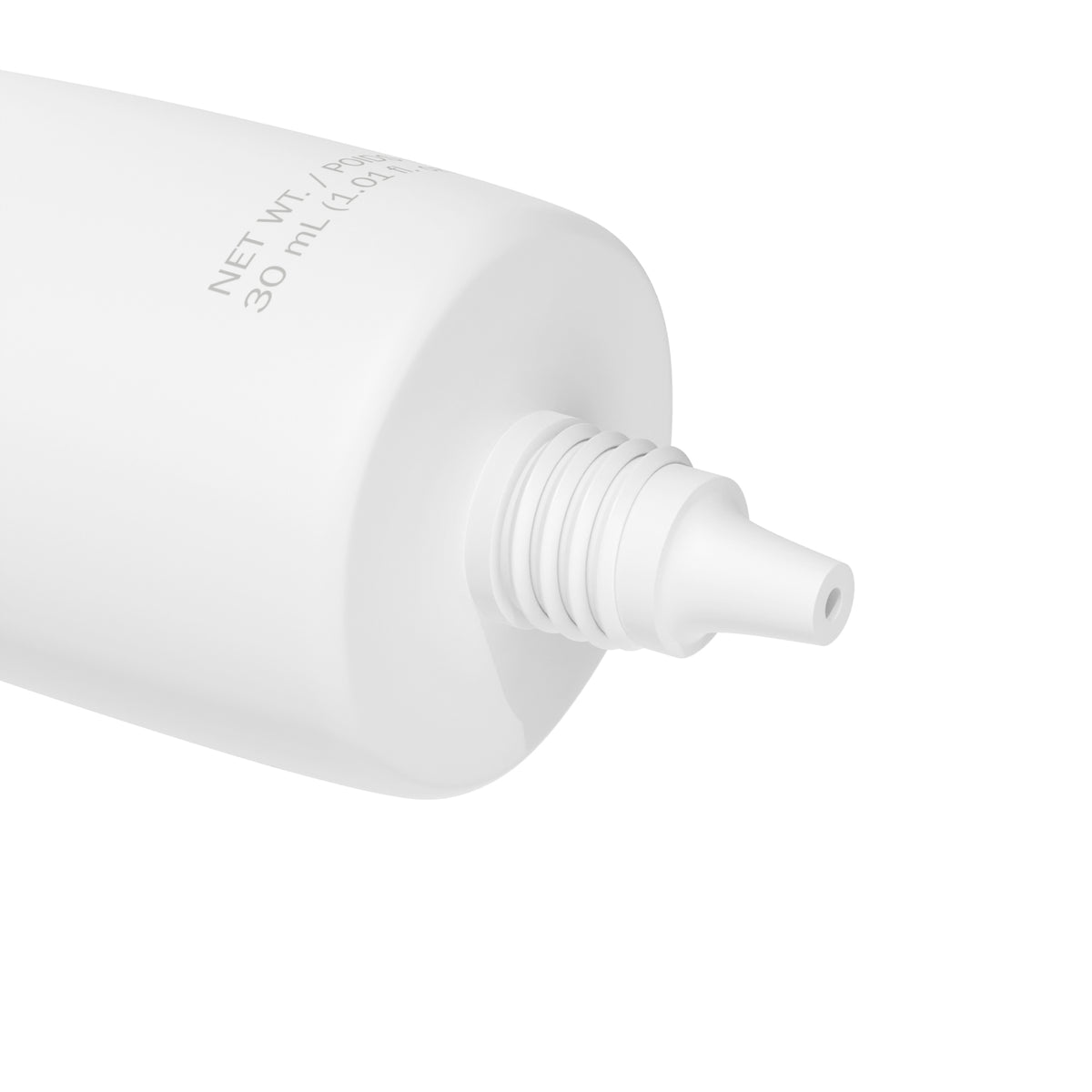 A close-up of a white plastic squeeze bottle or tube with a threaded nozzle, showing partial printed text reading 'NET WT. / 30 ML' on a clean white background.
