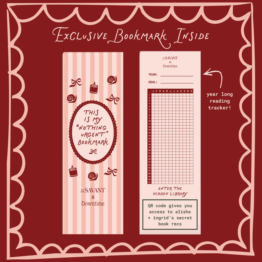 Promotional graphic for a bookmark with text and design elements on a red background