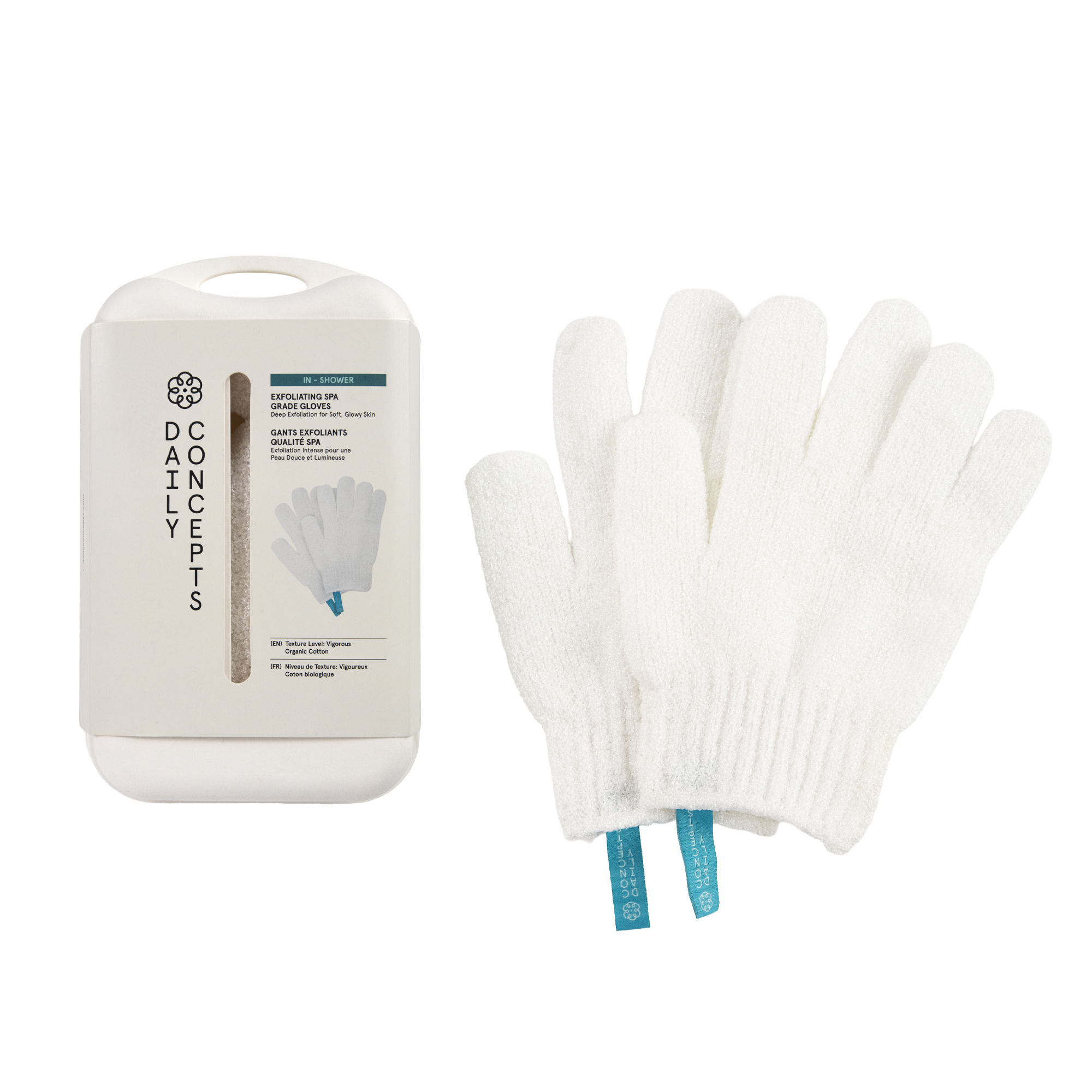 White gloves with blue accents and a container labeled 'DAILY CONCEPTIS' on a white background
