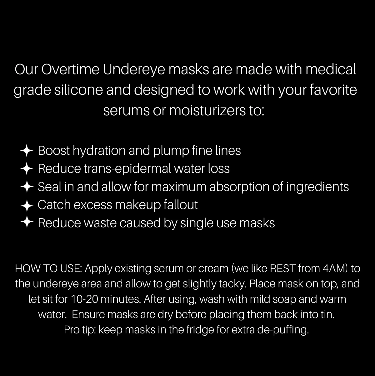 Text description of Overtime Undereye masks with benefits and usage instructions on a white background.