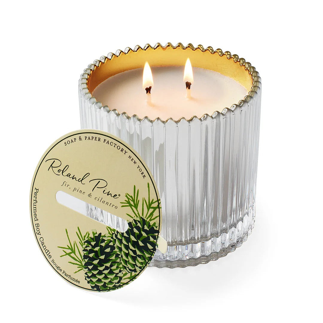 Roland Pine Candle with a decorative label on a white background