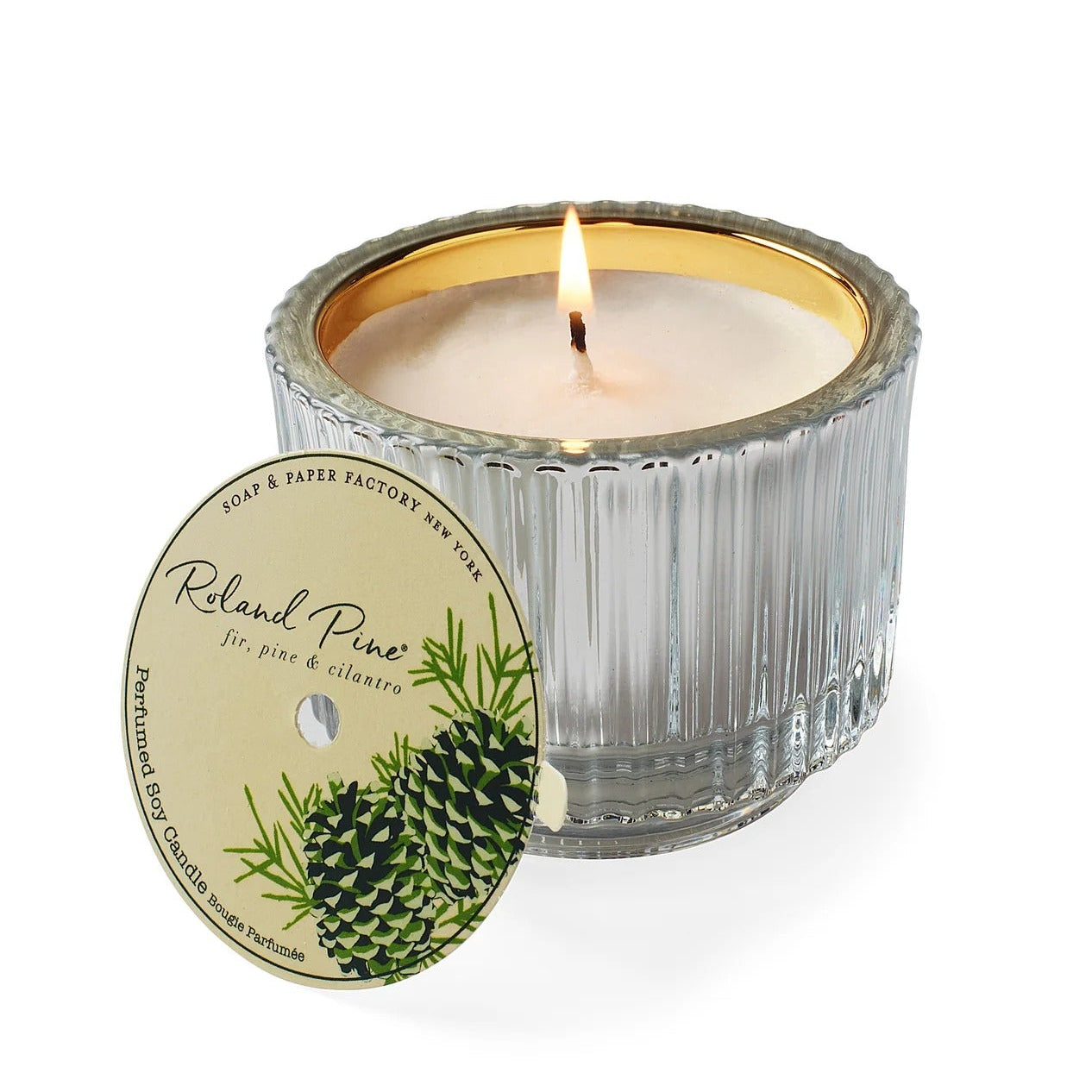 Roland Pine Candle in a clear glass container with a Soap & Paper label on a white background