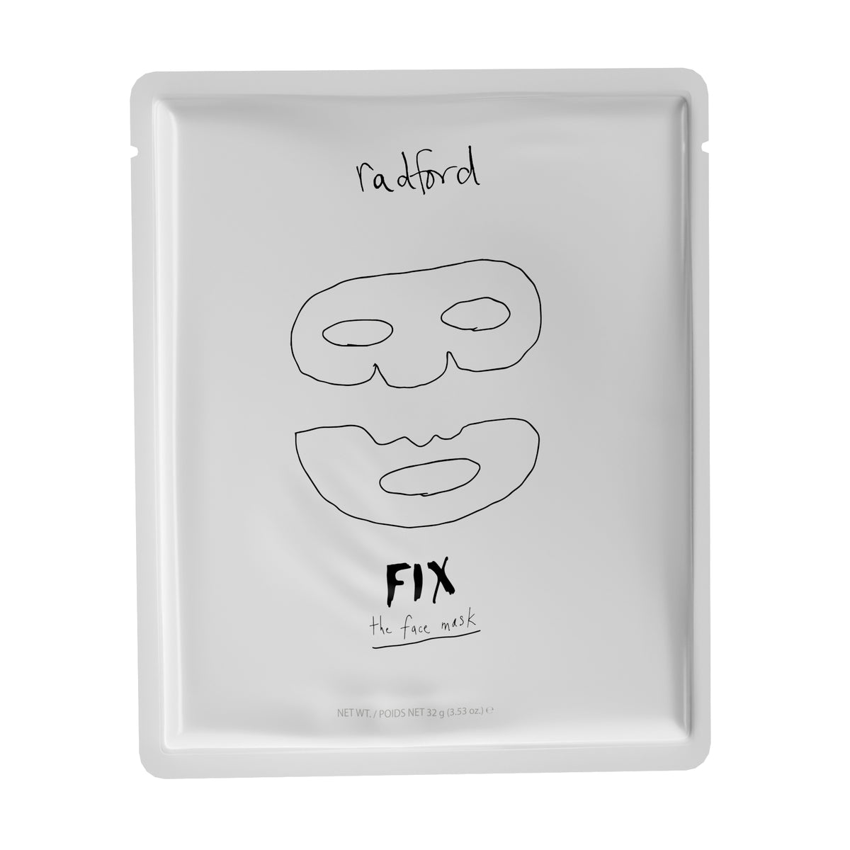 A white square pouch of Radford Fix -the face mask, featuring black line drawings of a face mask on a clean white background.