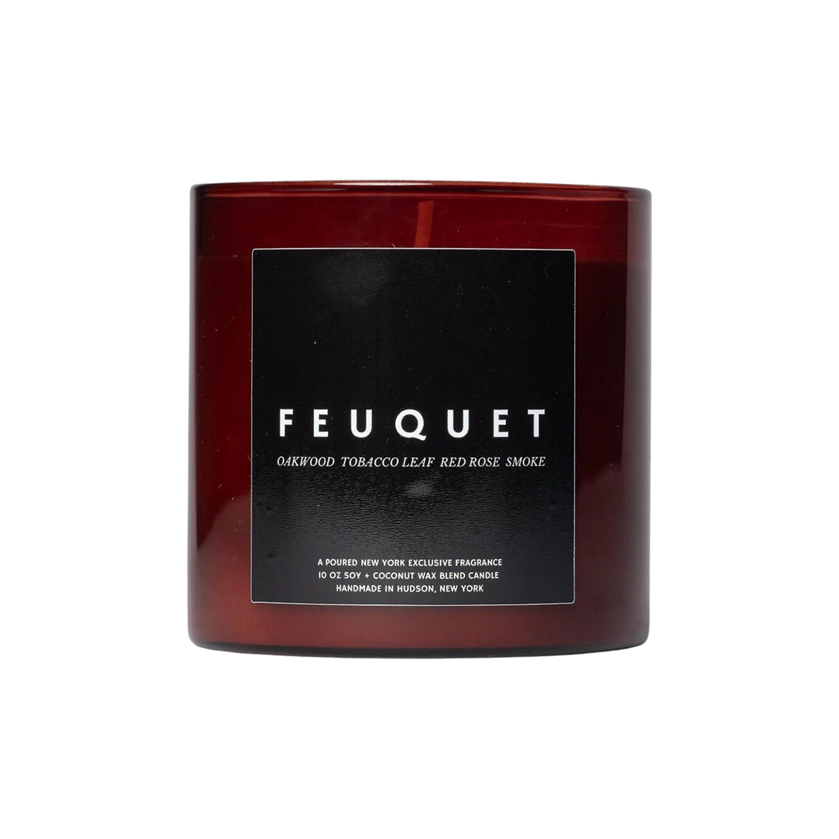 Red candle with a black label featuring 'FEUQUET' on a white background