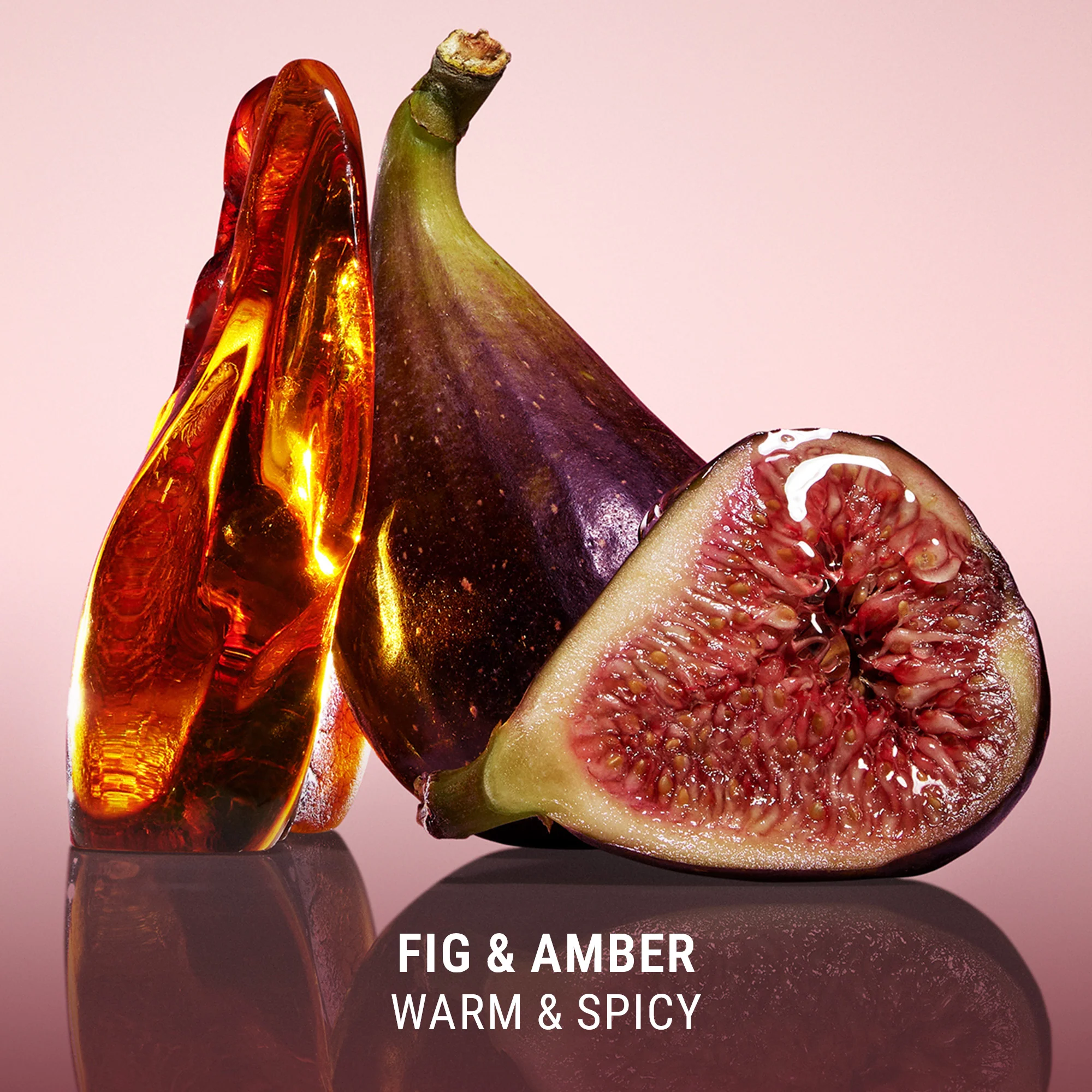 Figs and amber liquid with 'Fig & Amber' text on a reflective surface