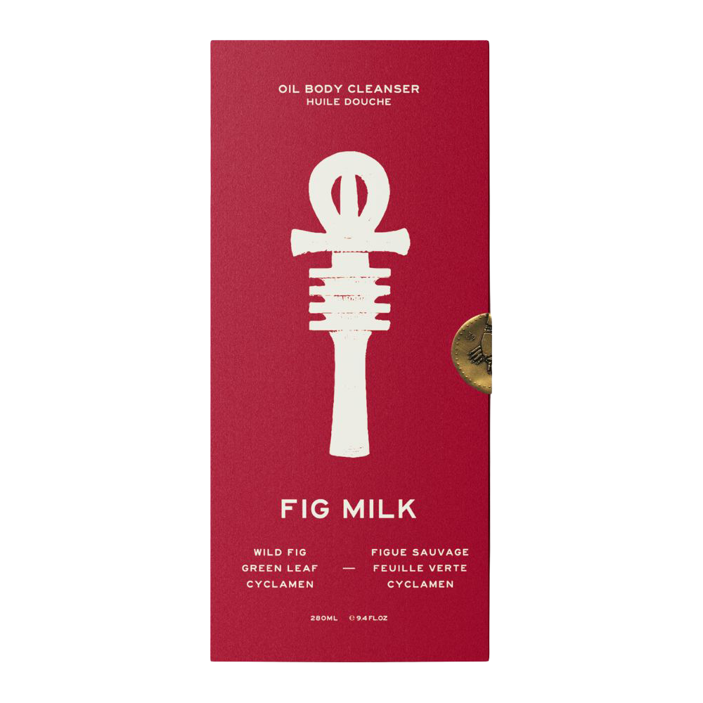 39BC Fig Milk Oil Body Cleanser box with a large white ankh symbol and smaller white text, shown on a plain white background. A small round gold seal is visible on the right side.